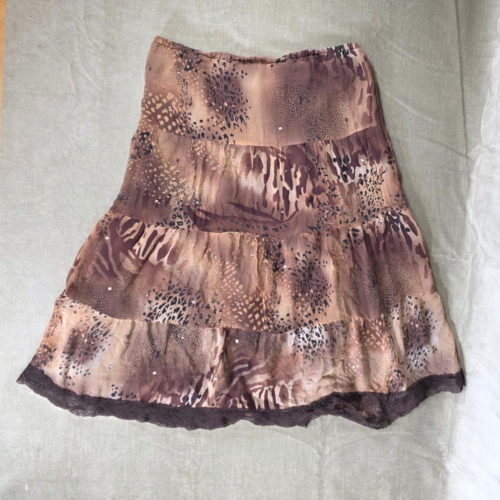 New York City Design Co 100% Silk Animal Print Tiered Midi Skirt Brown Size M